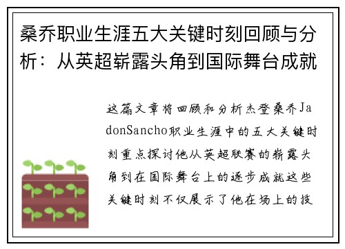 桑乔职业生涯五大关键时刻回顾与分析：从英超崭露头角到国际舞台成就