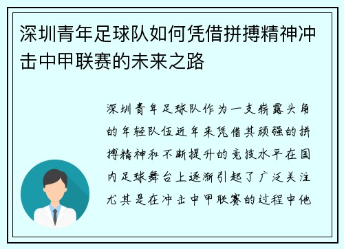 深圳青年足球队如何凭借拼搏精神冲击中甲联赛的未来之路
